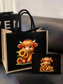 Set di borse a tracolla in tela stampata con tema di bovini delle Highlands, con grande capacità, per spalla e da portare a mano. Borsa shopping multifunzionale in lino di grandi dimensioni per donne - Multicolore - Visualizzare 2