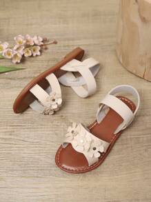 1 Pair Plus Size Toddler Girls Ivory White Flat Sandals, Solid PU Material, Shiny Rhinestone Flower Decor, Elastic Back Strap, Round Toe, Fashion Luxury Cute Flat Sandals Suitable For 3-15 Years Old Girls Daily, Party, Travel, Spring/Summer 2025