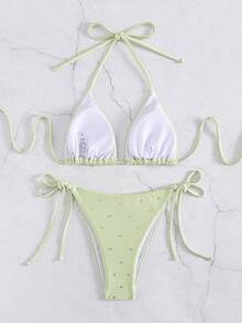New European & American Style Women Rhinestone Embellished Bikini Swimwear Set - Green - View 2