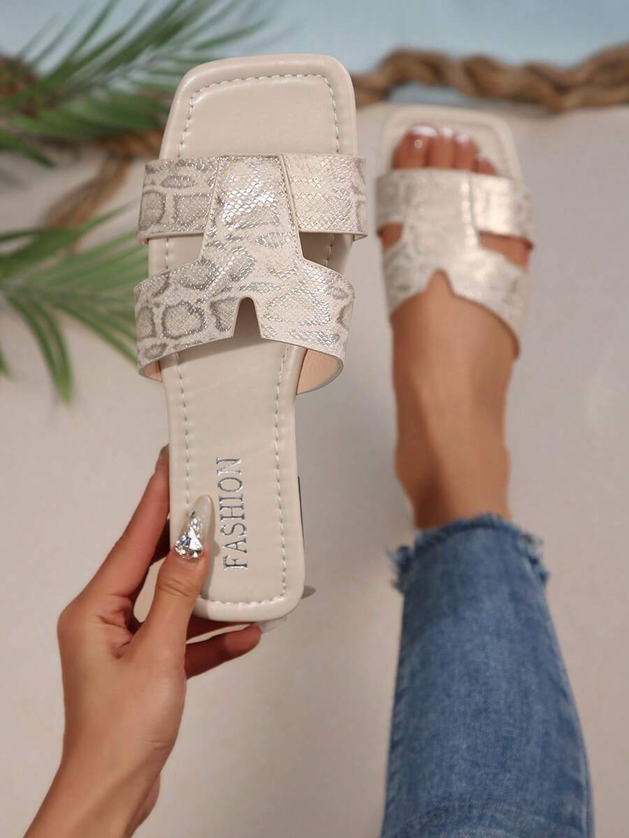 Women's Snake Skin Print Metallic Strap Flat Sandals
