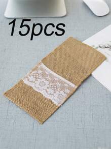5pcs/15pcs Linen Cutlery Bag, 8.6*4.3in, Beige Coarse Burlap, Lace Silverware Holder, Flax Knife And Fork Cutlery Bag, Suitable For Vintage Country Wedding Party,Christmas