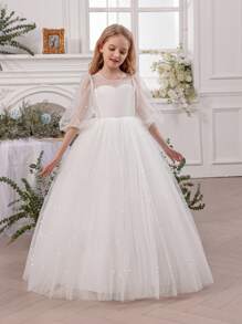 Tween Girl White Handmade Beaded Bow Tulle Elegant Christmas Party Dress, Princess Dress Suitable For Girls Birthday Party, Teenage Prom Party Dress, Flower Girl Wedding Bridesmaid Gown, Thanksgiving, Graduation Outfit