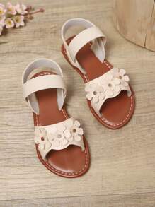 1 Pair Plus Size Toddler Girls Ivory White Flat Sandals, Solid PU Material, Shiny Rhinestone Flower Decor, Elastic Back Strap, Round Toe, Fashion Luxury Cute Flat Sandals Suitable For 3-15 Years Old Girls Daily, Party, Travel, Spring/Summer 2025