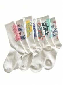 5 Pairs Random Letter Print Sports Socks, Unisex