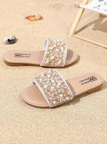 Summer Kids' Fashion Slide Sandals, Girls' Pearl Decor Princess Shoes, Flat Casual Beach Slippers, Suitable For Everyday Outing And Outdoor Vacation