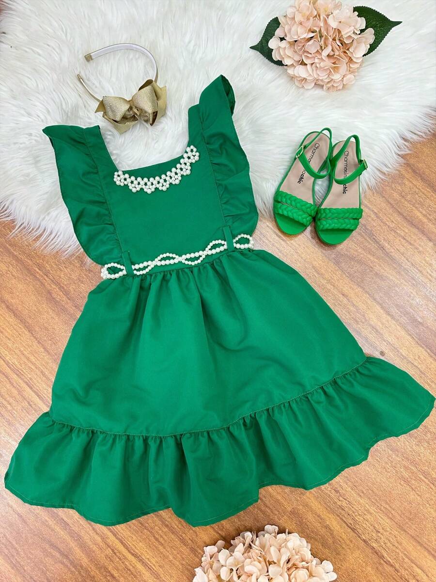 Vestido Infantil Verde Luxo Com Pérolas Festas Daminhas