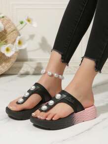 Women's Wedge Thick Sole Sport Sandals, Ombre Pearl Decor, Fashionable & Versatile, Elegant Streetwear, Black Summer Beach Shoes - Black - View 6