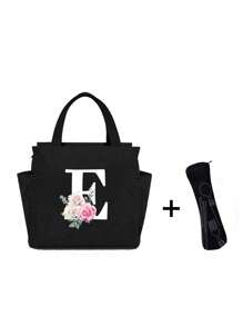 White Letters A~Z Printed With Flowers Lunch Bag For Women Men,With A Black Cutlery Storage Bag, Leakproof Insulated Soft Large Lunch Cooler Bag - Reusable Lunch Bag ,Solid Color Tableware Storage , Leak-Proof Portable Fabric Tableware Bag