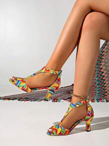 女式加大码花卉印花露趾粗跟凉鞋，时尚性感 T 型带交叉绑带厚底高跟鞋夏季几何优雅条纹 - 花色 - 查看 3