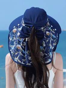 1 件女士夏季雪纺碎花遮阳帽，带面罩，透气，马尾孔设计，防晒帽，适合工作和日常使用 - 彩色 - 查看 2