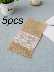 5pcs/15pcs Linen Cutlery Bag, 8.6*4.3in, Beige Coarse Burlap, Lace Silverware Holder, Flax Knife And Fork Cutlery Bag, Suitable For Vintage Country Wedding Party,Christmas