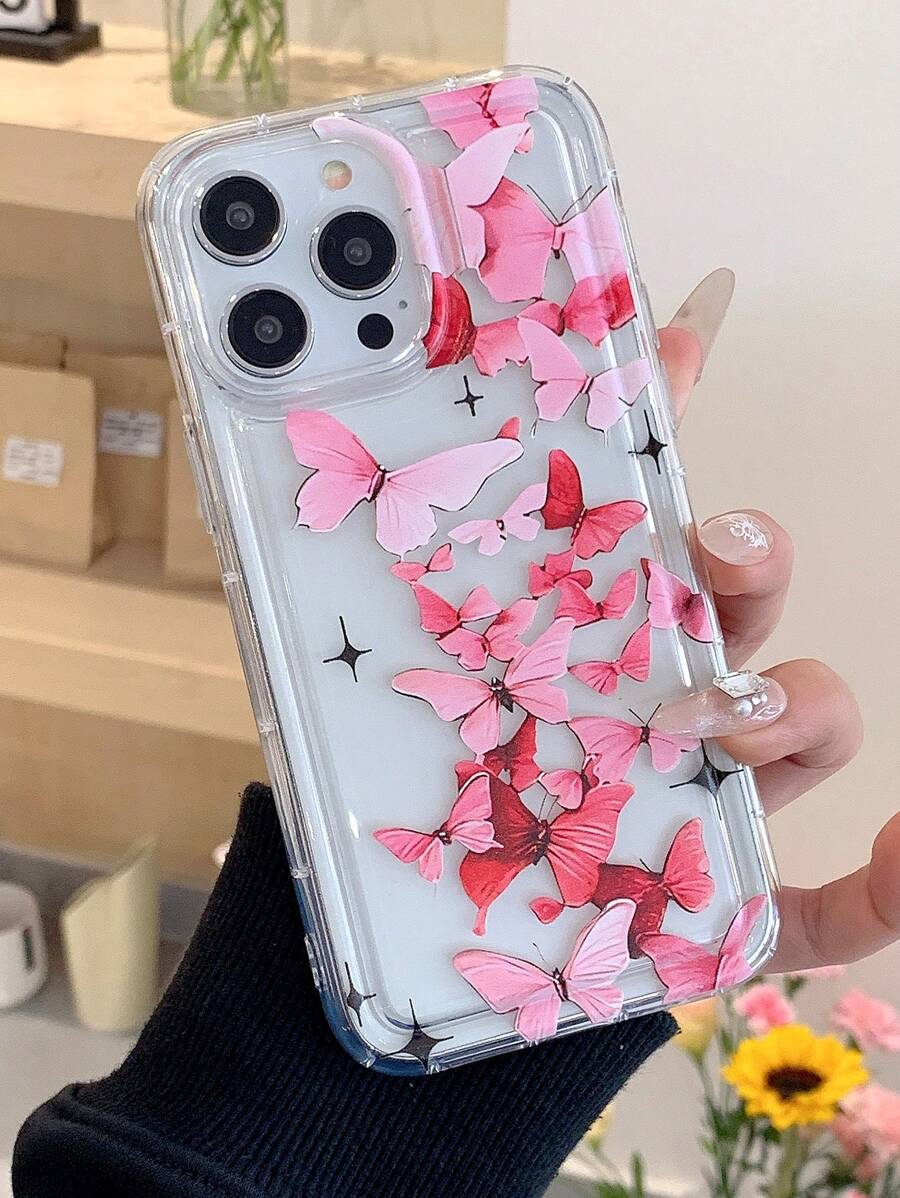 Funda de teléfono móvil anti-caída con cojín de aire y diseño transparente con patrón de mariposa, compatible con teléfonos Apple - Multicolor - Ver 1