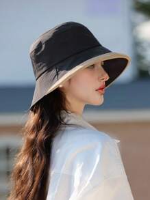 1 pieza Sombrero de cubo de mujer para primavera y verano, diseño elegante y versátil con lazo, protección solar de ala ancha, apto para salir, ir de compras, viajar