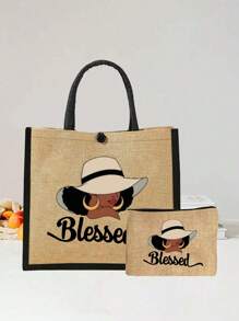 轻便手提包及配套化妆包 - 防水易清洁面料，多口袋设计，适合购物、旅行、海滩、教师节礼物，女士大容量亚麻手提包，海滩必备，夏季女士包，旅行、度假、假日和海滩的完美之选 - 彩色 - 查看 9