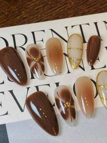 10 Almond-Shaped Nail Pieces, Pure Handmade Autumn And Winter Super Beautiful, High-End Elegant, Gentle Style, Multi-Color Blooming, Hand-Painted Flowers With Small Gold Beads, Suitable For Girls And Women