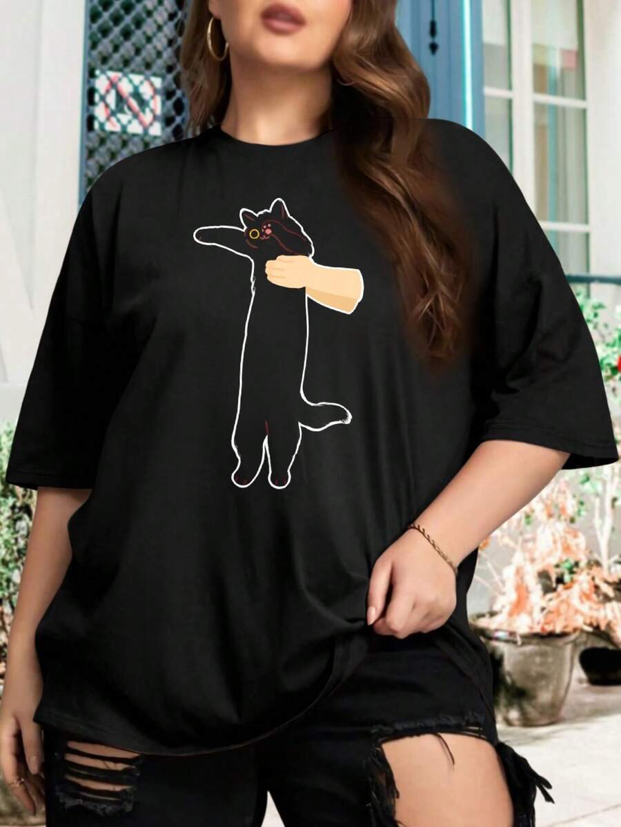 Long Long Cat Oversized Oversize Women T-Shirt For Women Kawaii Fluffy Black Cat Owner Shirt - Black - View 1