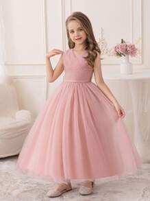 Tween Girl Pink Birthday Party Long Tutu Dress, Bridesmaid Wedding Flower Girl Gown - Hồng - Xem 2