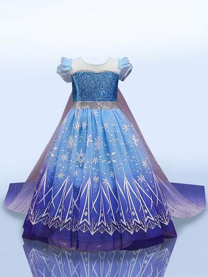 Young Girls Luxury Snowflake Sequin Detachable Long Cape Trailing Puff Sleeve Princess Dress, CasualDresss, Suitable For Outings, Hangouts, Birthday Parties, Princess Parties, Back To School, Stage Performances And Other Major Events