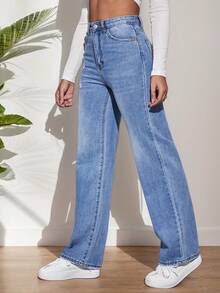 Jesns holgados con rotos y lavados para mujer, Pantalones Vaqueros de mezclilla rectos informales , moda versátil y - Azul lavado medio - Ver 3