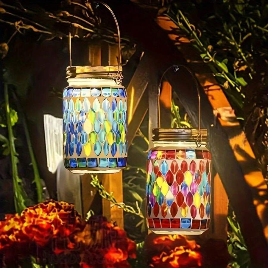 Gorgeous Colorful Pattern Mosaic Lantern | Solar Rechargeable, Fits Indoor Tables, Outdoor Gardens & Camping Nights, Stunning Look When Lit