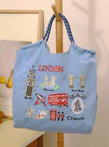 1 件新款休闲伦敦城刺绣大容量轻质尼龙手提包，适合通勤、购物、派对、手提和单肩