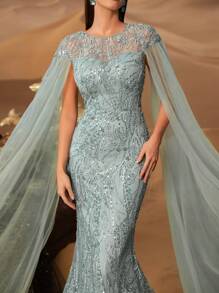 Faeriesty Haute Glamour Formal Women's Evening Dress With Round Neck, Oversized Long Sleeves, And Elegant Mermaid Hemline. Perfect For Wedding Banquets, Charity Galas, Award Ceremonies, Opera Nights, And High-End Business Dinners.