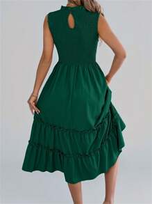 Summer Smocked Waist Dress Sleeveless Round Neck Ruffle Trim Flounce Hem Solid Color Beach Cover Up Resort Midi Vacation Essential Womens Darkgreen Sundress - Màu xanh lá cây đậm - Xem 2