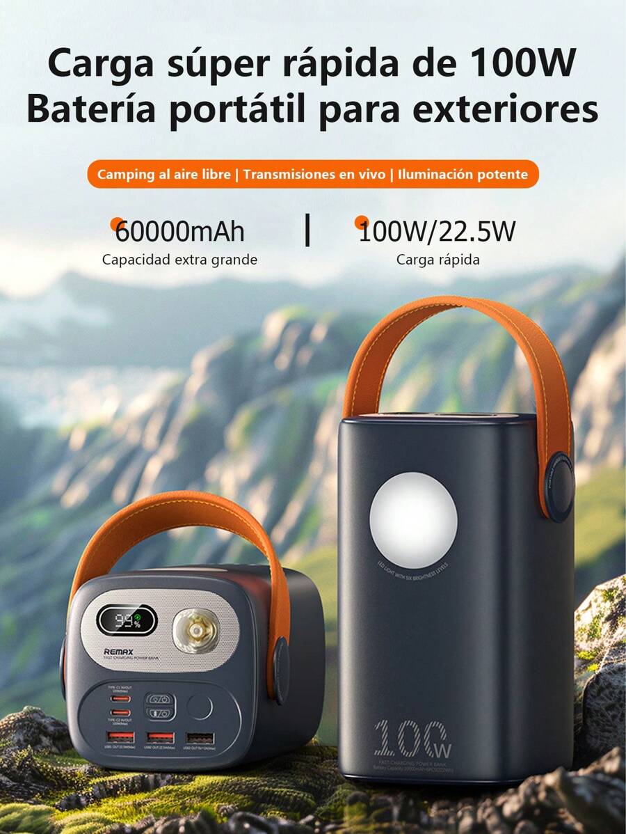 Batería externa portátil de 60000mAh para exteriores, batería portátil de gran capacidad y diseño moderno, carga rápida de 100W, compatible con laptops y teléfonos, función de iluminación LED - Negro - Ver 1