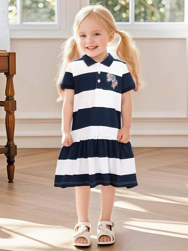 1pc Girls' Casual Striped Polo Dress With Cute Unicorn Embroidery, Crew Neck, Short Sleeve, Cotton Princess Dress For Summer