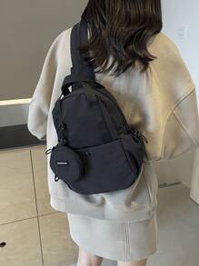 1pc Solid Color Nylon Fabric Backpack, Multi-Functional Handbag & Shoulder Bag, Suitable For College Students, Zipper Closure, Daily Use (With Coin Pouch)Back To School Essentials - Black - View 3