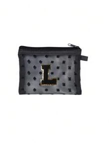 1 pieza Bolsa de malla transparente con forma de corazón linda, Mini bolsa de almacenamiento - Toalla con inicial bordada de la A a la Z, Bolsa cosmética portátil multifuncional para viajes, Bolsa de almacenamiento para maquillaje, cuidado de la piel y lápiz labial, Bolsa de cremallera de malla, Organizador de maquillaje para viajes