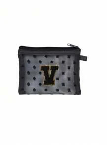 1 pieza Bolsa de malla transparente con forma de corazón linda, Mini bolsa de almacenamiento - Toalla con inicial bordada de la A a la Z, Bolsa cosmética portátil multifuncional para viajes, Bolsa de almacenamiento para maquillaje, cuidado de la piel y lápiz labial, Bolsa de cremallera de malla, Organizador de maquillaje para viajes