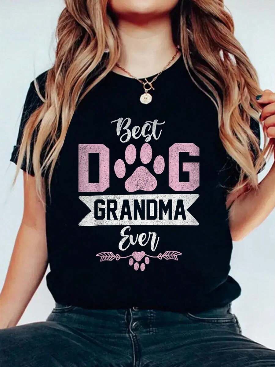 Best Dog Grandma Ever Dog Grandma T-Shirt Cotton Graphic Tee For Women, Round Neck Short Sleeve Casual Tops - 黑色 - 查看 1