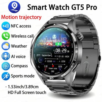 1 件 GUHUAVMI 2025 新款男士运动健身智能手表 GT5 Pro，1.53 英寸 360 * 360 高清 AMOLED 屏幕，带 NFC 门禁蓝牙呼叫 AI 语音助手 SOS GPS 跟踪指南针海拔智能手表女士心率运动健身时钟适用于 Android IOS，智能手表 GT4 升级版，情人节礼物