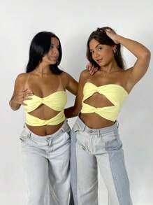 Gringa Fashion Double Lined Crossover Knot Cropped Top Without Suplex Pads - Mantequilla amarilla - Ver 3