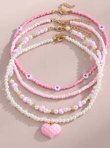 4pcs/Set Handmade Pink Heart & Butterfly Pearl Bead Necklace, Suitable For Children Girls Everyday Wear