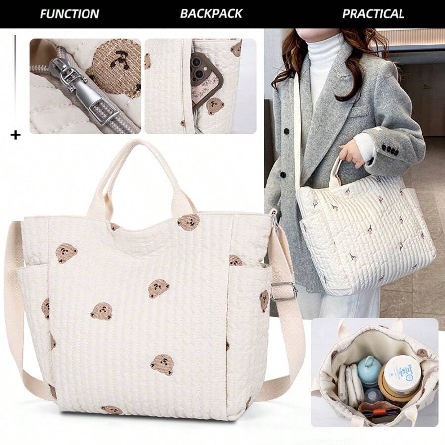 1 件柔软绗缝单肩斜跨包，带熊刺绣，妈妈包