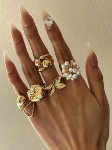 Set de 5 anillos de lujo únicos y elegantes con geometría exquisita, perlas falsas y mariposas y flores para los labios, adecuado para festivales, fiestas y uso diario