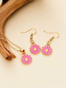 Set de 3 piezas: Collar con colgante de flor de margarita chapada en metal, pendientes minimalistas, conjunto de joyería de moda para niñas y amigas