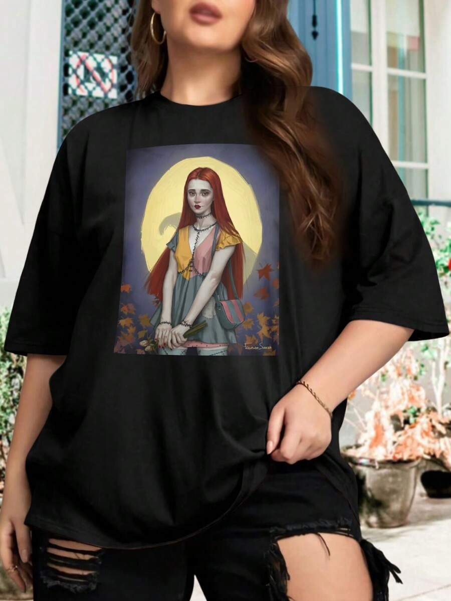 Sally Oversize Women T-Shirt For Ladies (Big Size) Halloween Jack Sally Portrait Nightmare Before Christmas Moonlight Pumpkin King - màu đen - Xem 1