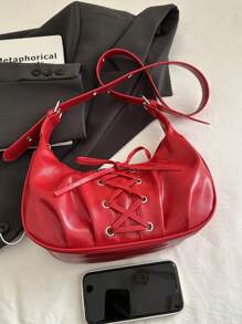 A New Women's Fashion Drawstring Shoulder Bag, Street Simple Pleated Peplum Armpit Bag, Adjustable Shoulder Strap Casual Crescent Bag, Burgundy Bag, Suitable For Young Girls, Shopping, Commuting, Daily Use