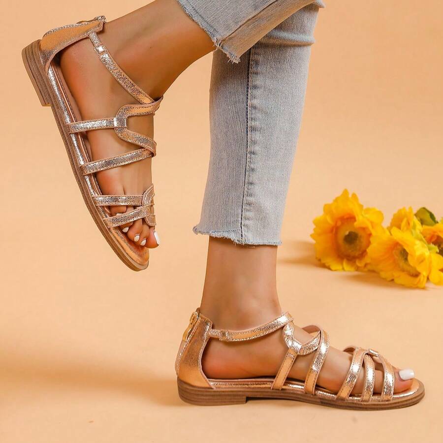 Women's Flat Sandals Hollow-Out Open Toe Fashion Retro Back Zipper Stylish Sandals Summer Sandals For Women - Champagne - View 1