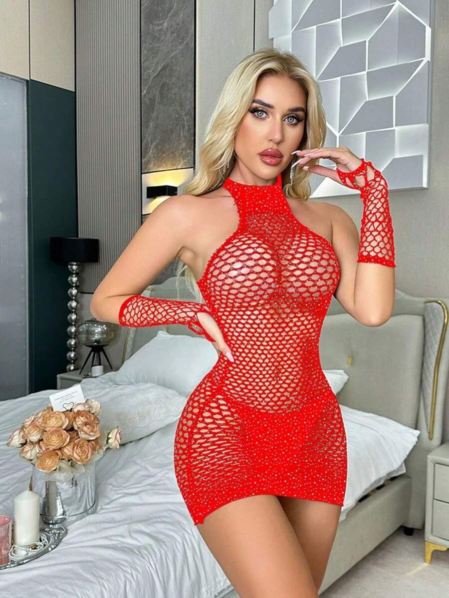 Rhinestone Halter Dress With Gloves. - Đỏ - Xem 1