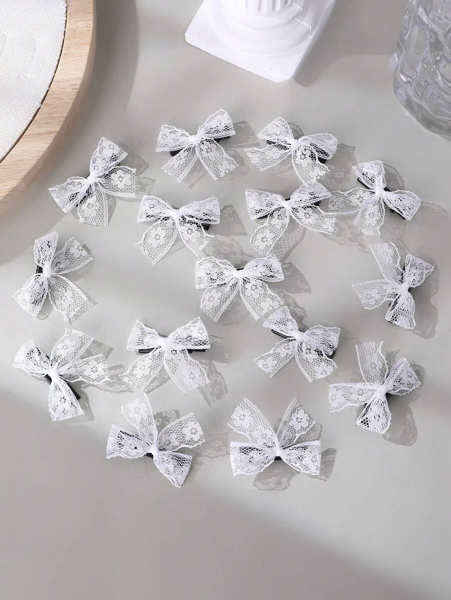 15pcs/Set Girl's White Lace Flower, Bow, Butterfly Hair Clips, Fashion Cute Aesthetic Hair Accessories, Y2K Style