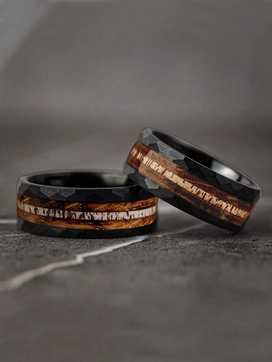 1 Pc Vintage Men Stainless Steel Rings Fashion 8mm Black Brushed Deer Antler And Koa Wood Rings For Men Wedding Band Jewelry Accessories