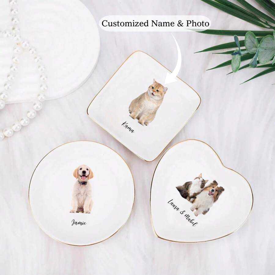 Personalized Pet Portrait Jewelry Dish, Custom Dog Cat Photo Ring Dish, Dog Mom Trinket Dish, Pet Lovers Gift, Mother's Day Gift Ring Dish Gifts Birthday Graduation - White - View 1