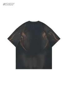 OVDY 1 pièce T-shirt à manches courtes col rond pour homme, style vintage lavé et délavé avec impression sérigraphique brossée à la main. Style streetwear outdoor années 2000