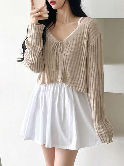 春季新款宽松针织V领开衫，清爽甜美，杏色