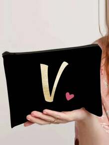A-Z Letter Print Heart Graphic Cosmetic Bag, Black Mini Size, Gold Tone Lettering, Minimalist Style, Suitable For Logo Customization - Black - View 12