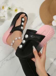 Women's Wedge Thick Sole Sport Sandals, Ombre Pearl Decor, Fashionable & Versatile, Elegant Streetwear, Black Summer Beach Shoes - Black - View 13